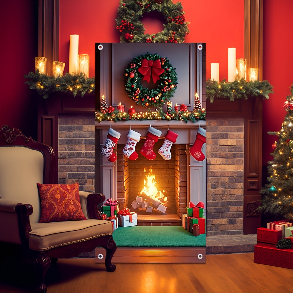 Multi-Functional Christmas Fireplace Door Cover Polyester Festive Decor