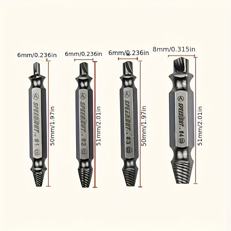 Juego de extractores de tornillos de acero de 4 piezas para quitar tornillos rotos