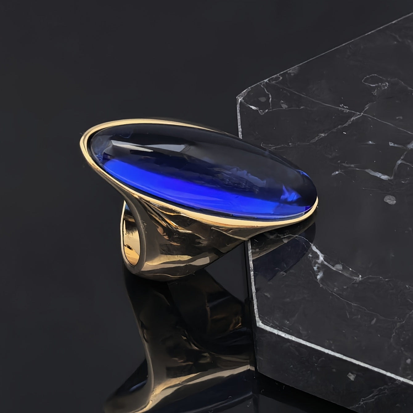 Women's Stainless Steel Ring with Blue Sapphire and 18K Gold Plating