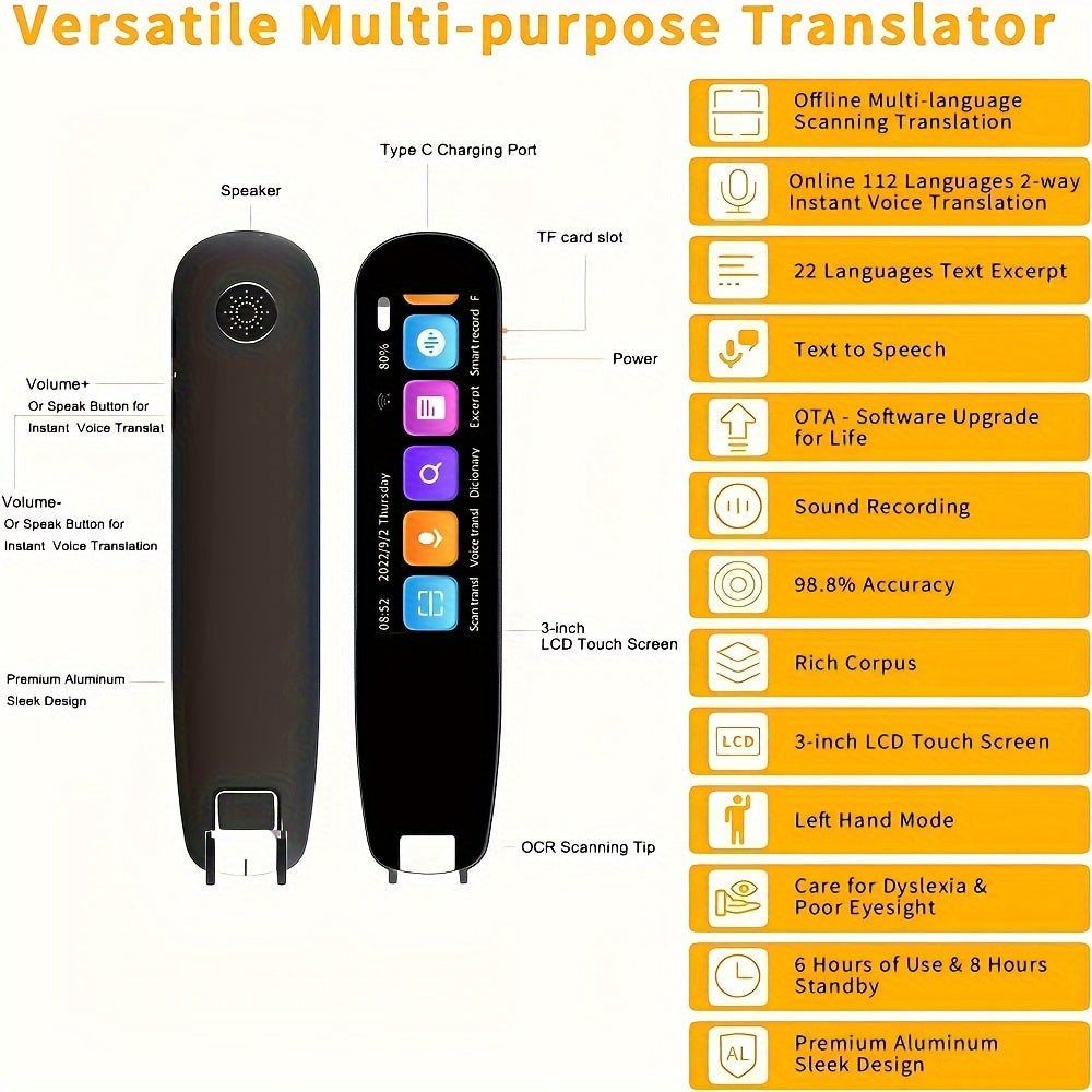 Multifunctional Electronic Translator Pen OCR Text-to-Speech Wi-Fi Type-C Rechargeable