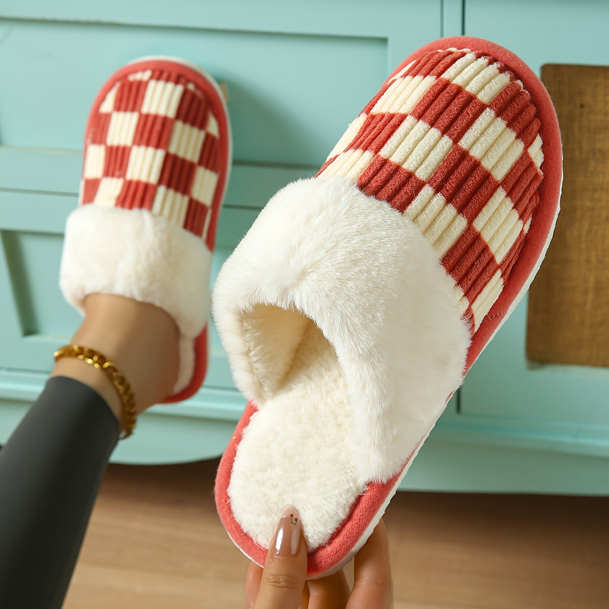 Women's Plush Striped Slippers Pink and White Checkered Indoor Shoes
