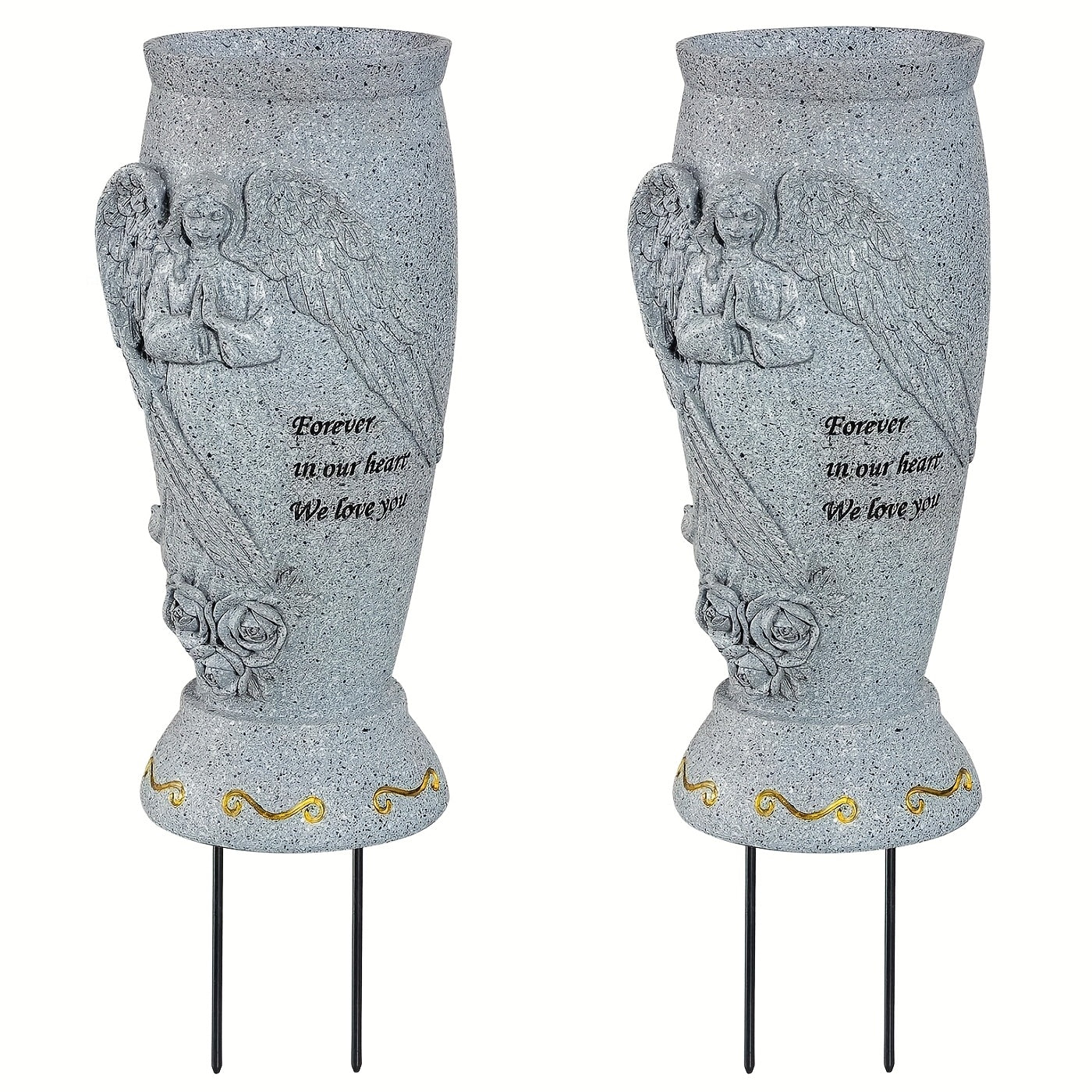 Angel Memorial Cemetery Vase with Ground Spikes for Flowers Engraved Forever in Our Heart