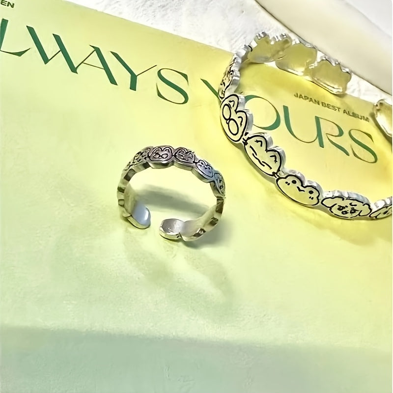 Anillo grabado de dibujos animados ajustable para mujeres y adolescentes, joyería elegante, regalo