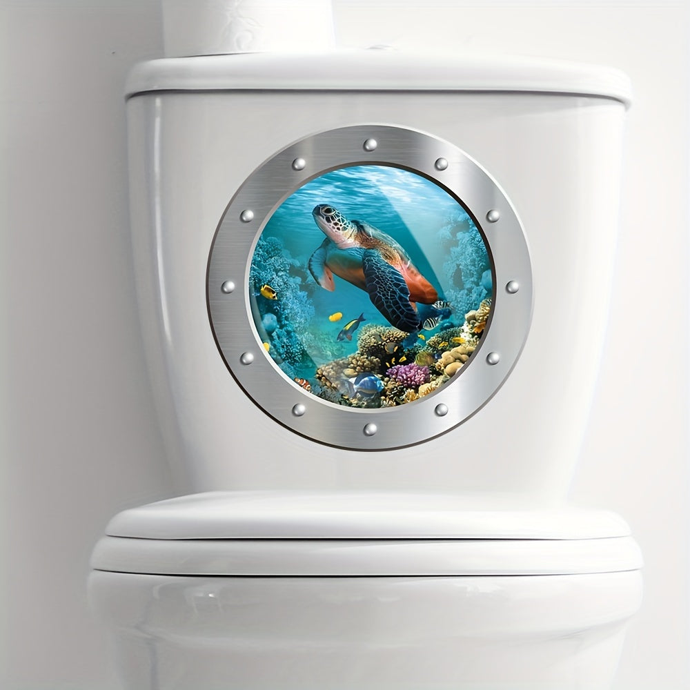 3D Turtle Toilet Sticker with Fake Submarine Window Pattern Self-Adhesive Lid Decal