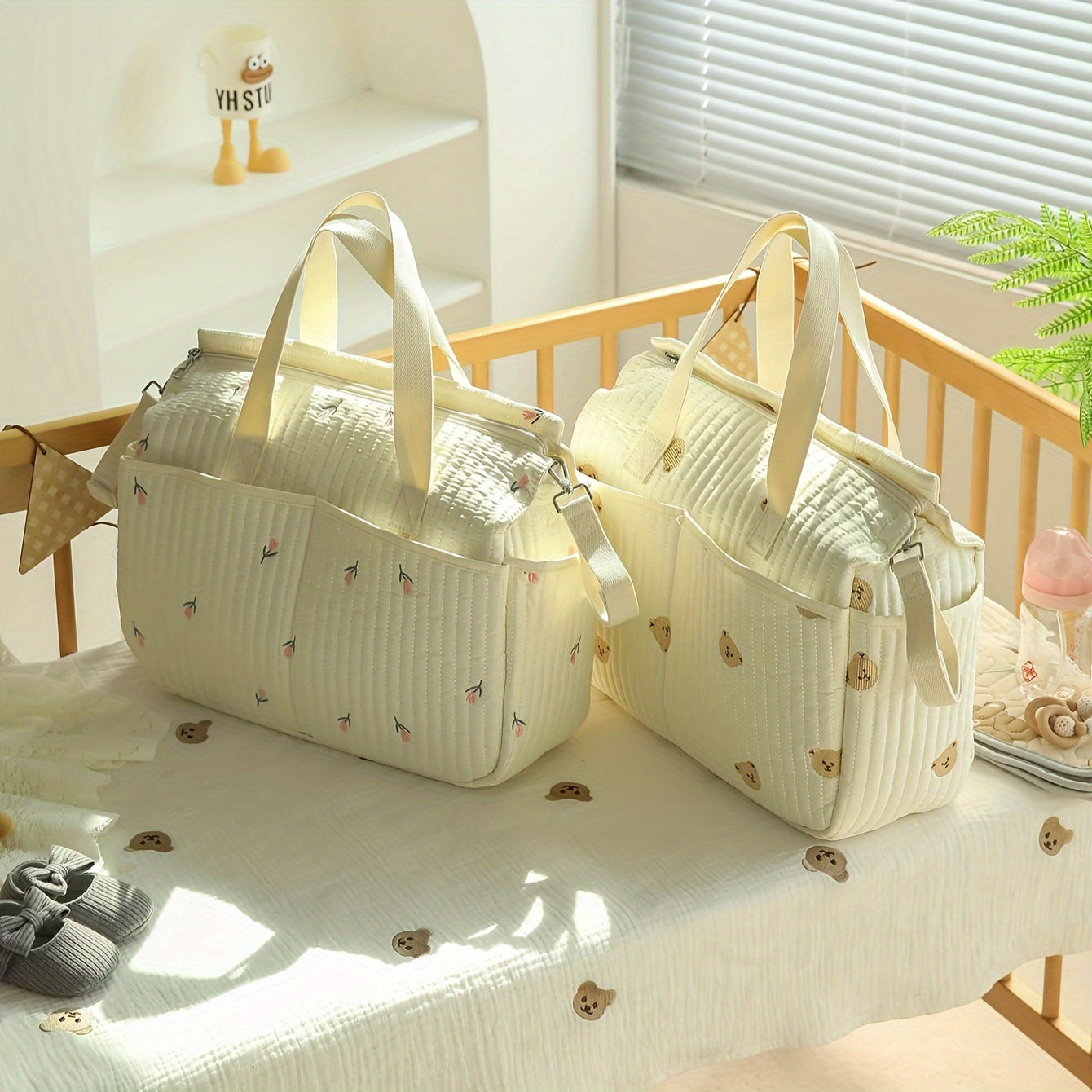 Большая вместимость сумки для подгузников с вышивкой медведя, прочный полиэстер, несколько отделений, регулируемый плечевой ремень