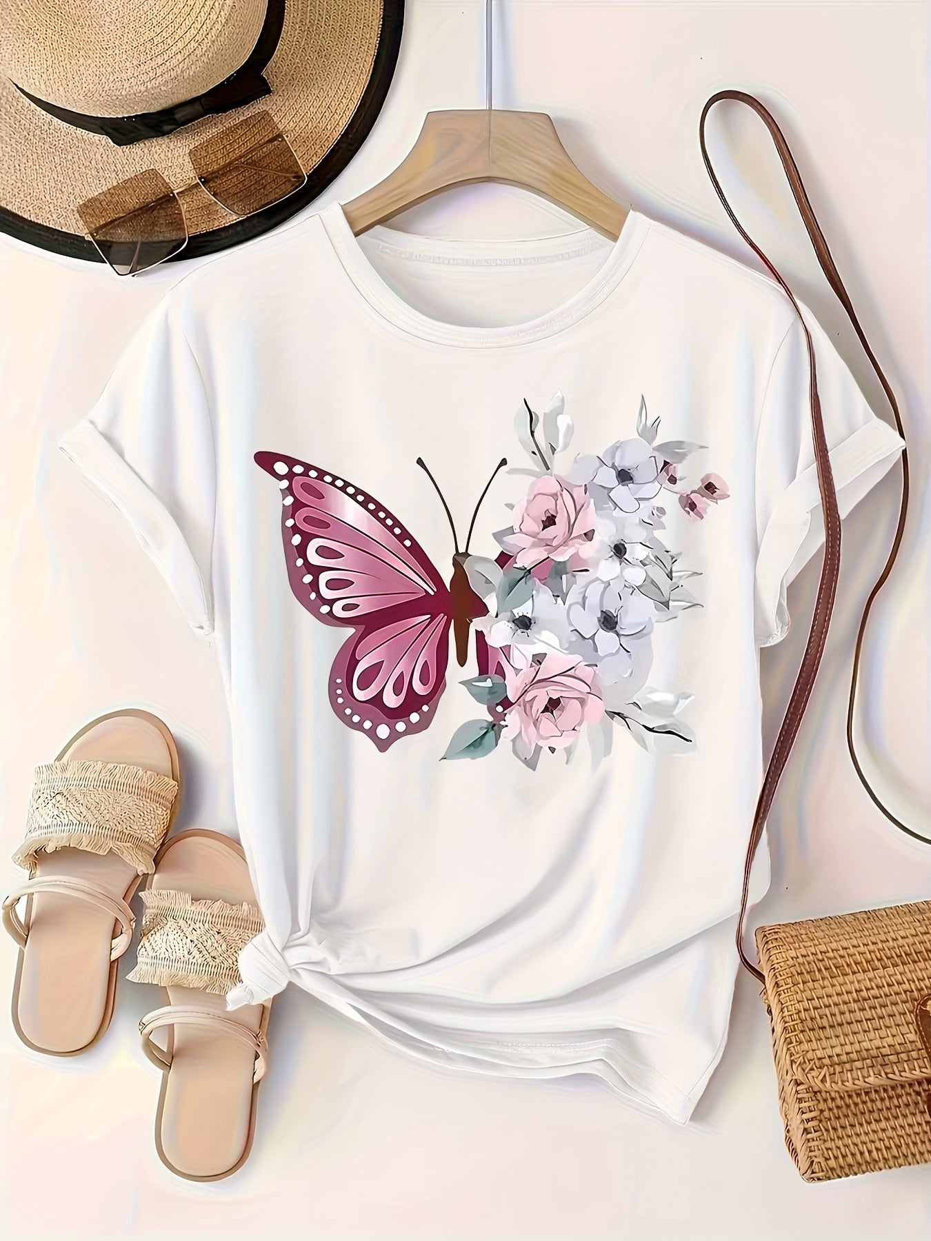 Women's White Casual Butterfly Floral Print T-Shirt Round Neck