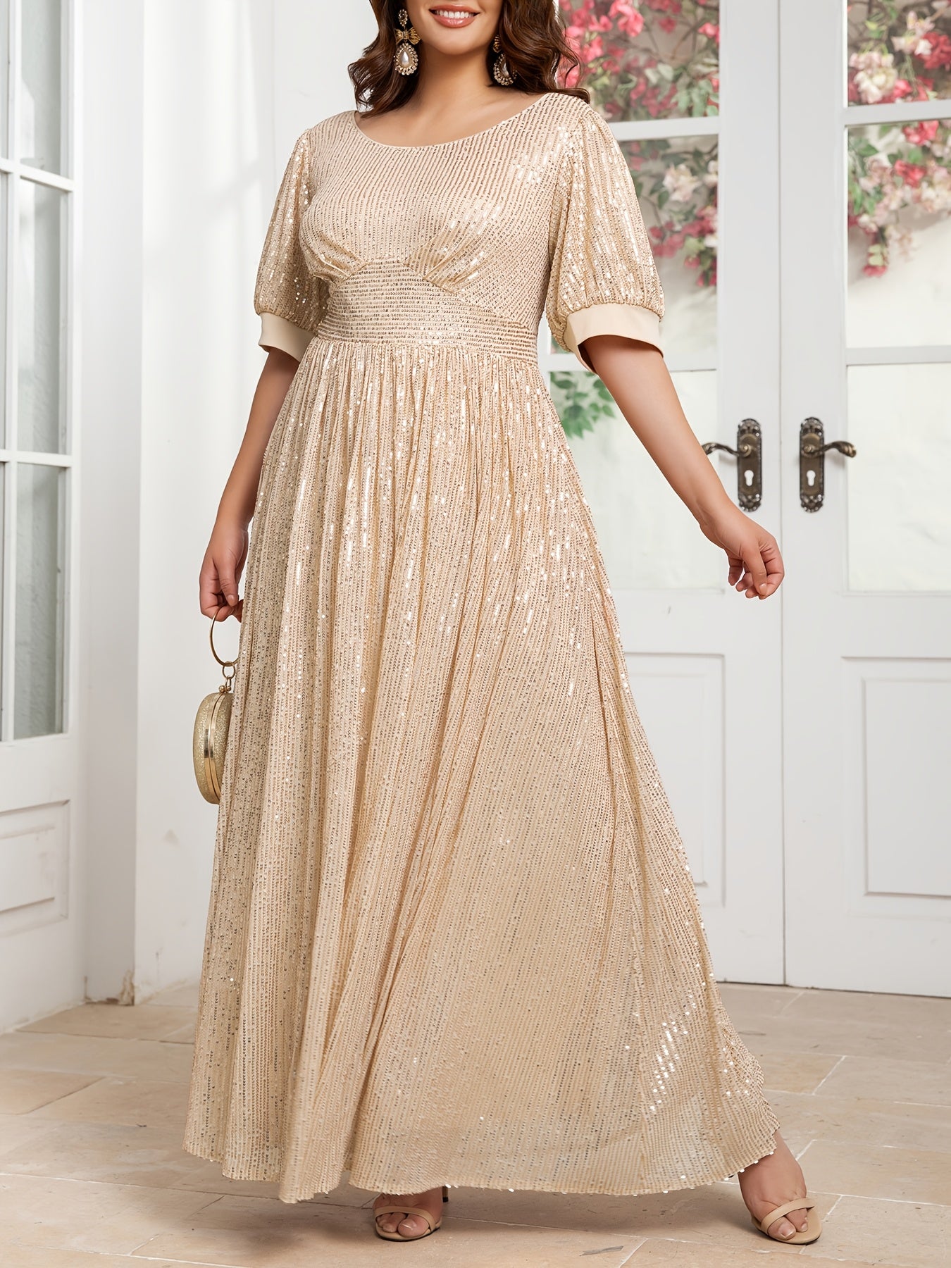 Plus Size Sequin Mother of the Bride Dress Long Formal Gown with Short Sleeves