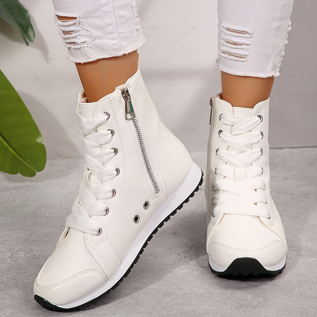 Women's Black White High Top Zipper Short Boots Sneakers