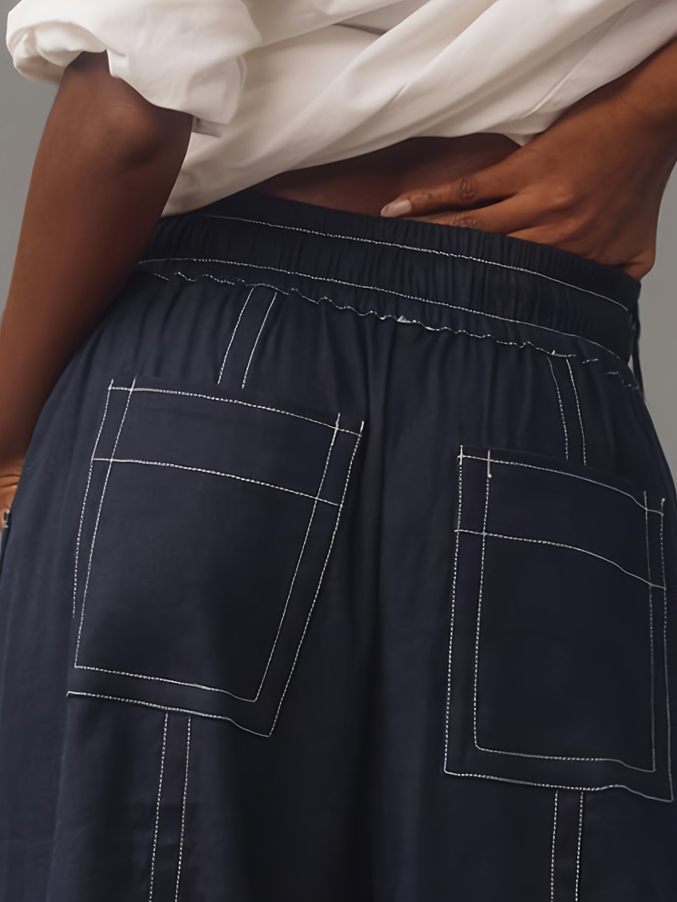 Women Plus Size Wide Leg Pants with Drawstring Elastic Waist Beige