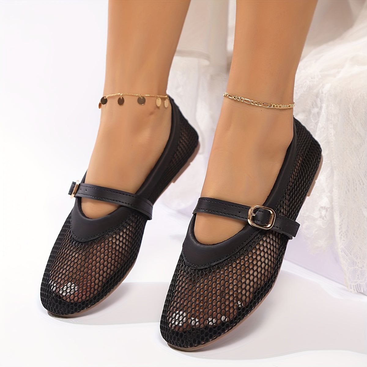 Zapatos casuales de mujer con malla transpirable Mary Jane en negro con orificios