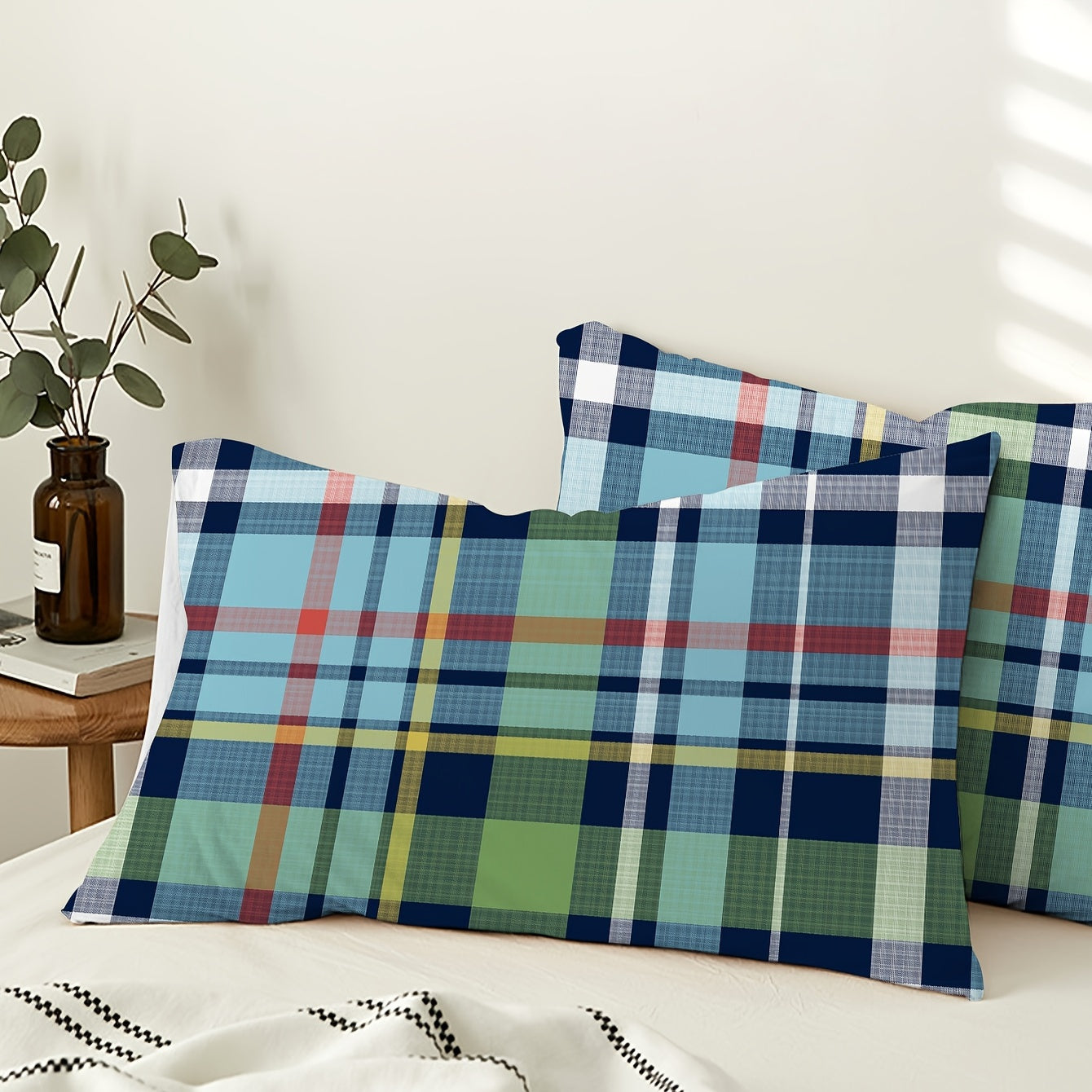Striped Plaid Printed Brushed Pillowcases Set of 2 Soft Breathable Cover for Bedroom Sofa