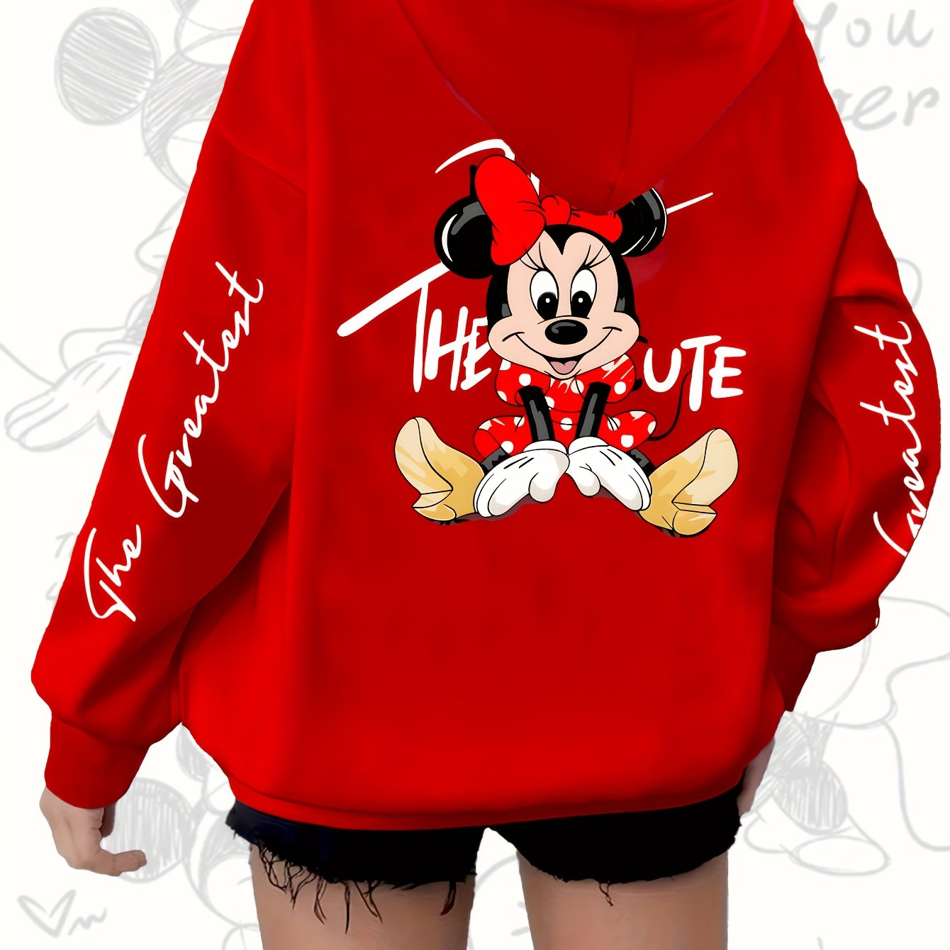 Women's Red Hoodie with Mickey Mouse Print Zip Casual Fall Winter