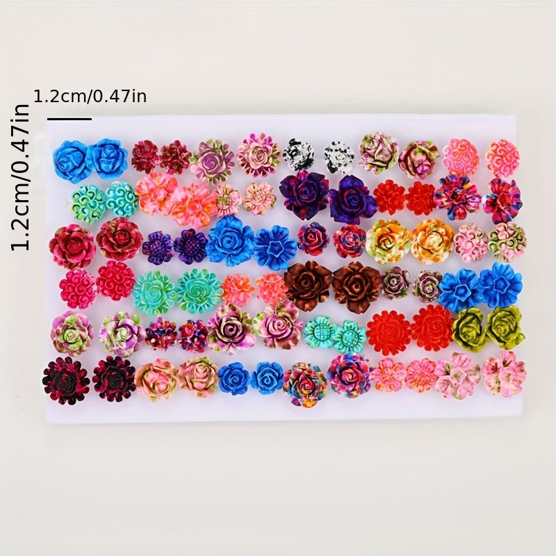Set of 36 Boho Chic Colorful Rose Stud Earrings for Men Women Resin Flower Gift