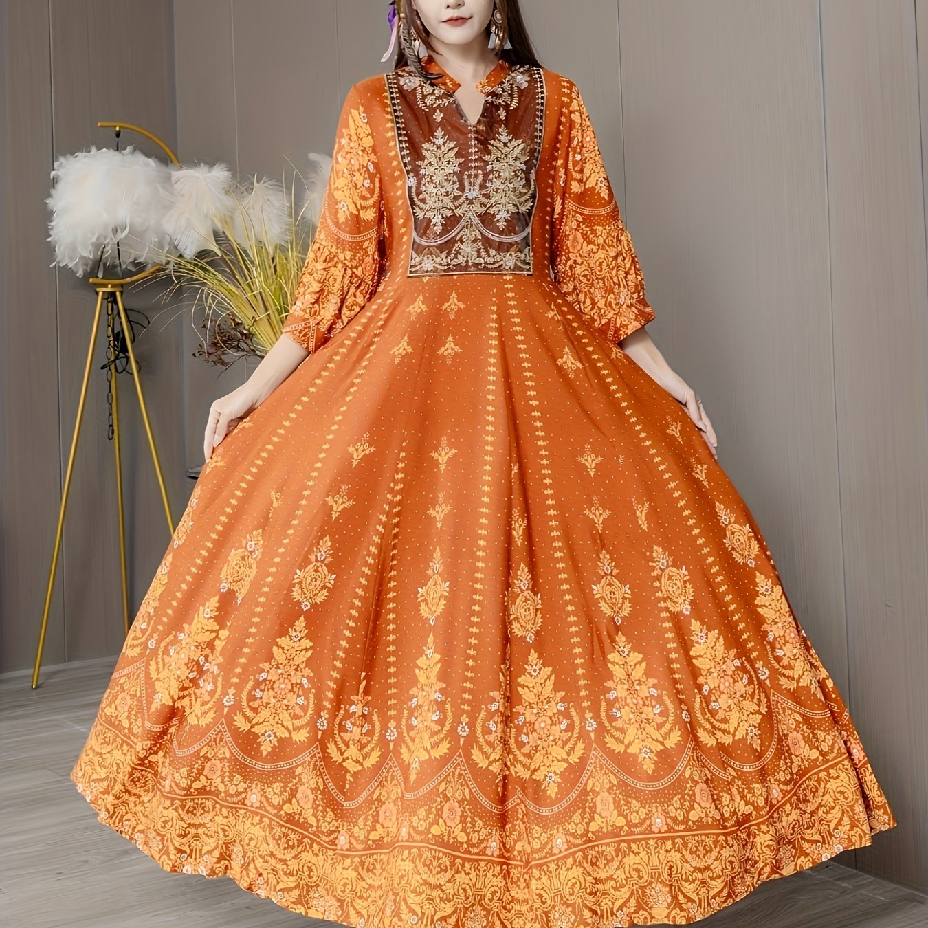 Women's Ethnic Floral Print Maxi Dress with V Neck, 3/4 Sleeves, Woven Polyester for Vacation