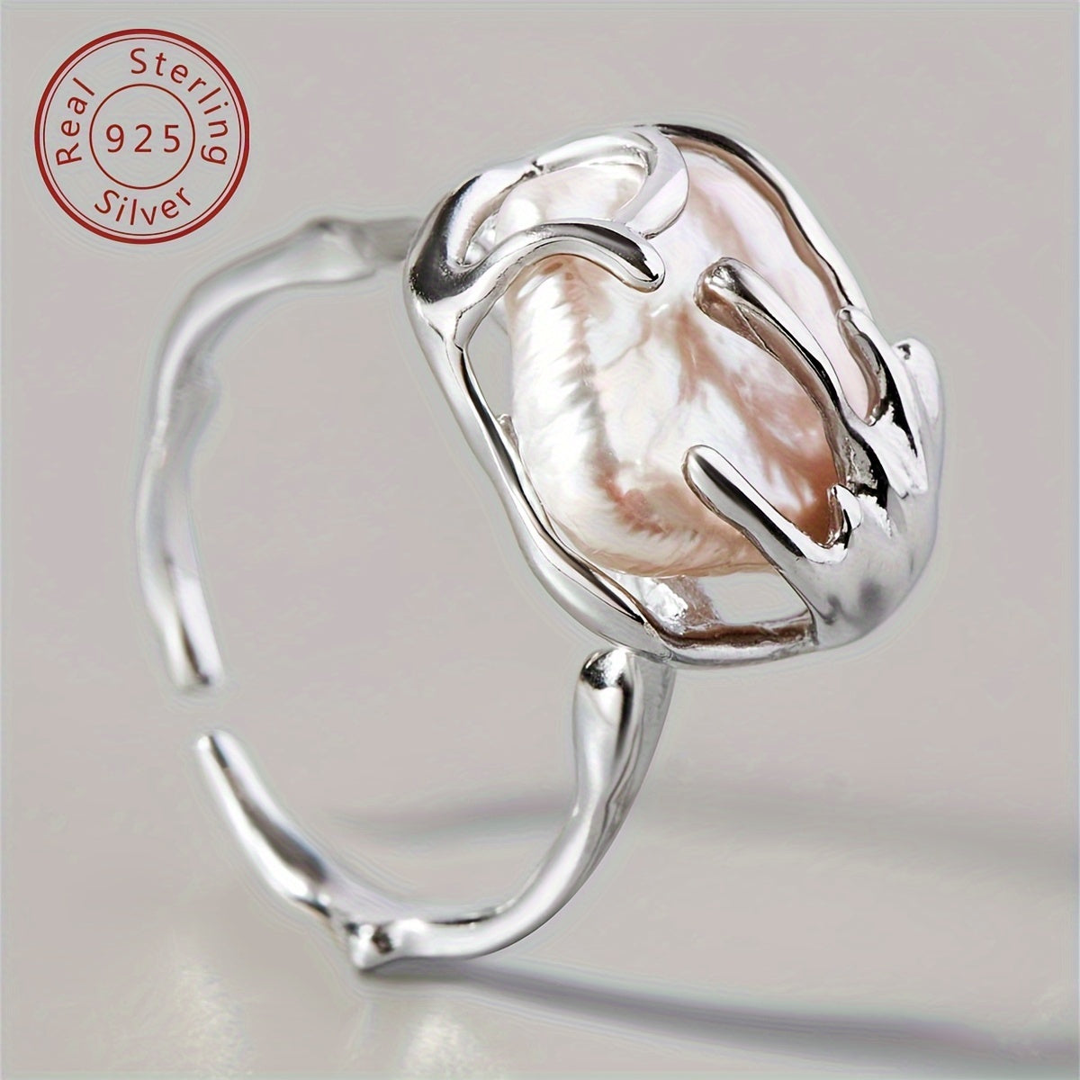 Sterling Silver Ring with Freshwater Pearl and Rattan Texture for Women