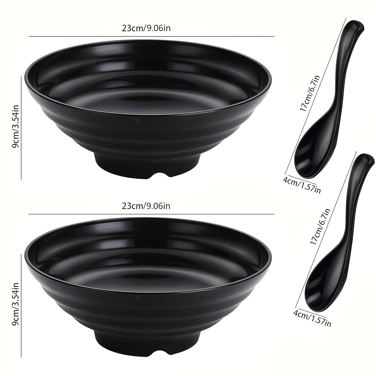 Set of 2 Black Polypropylene Ramen Bowls Microwave Safe Dishwasher Safe with Spoons