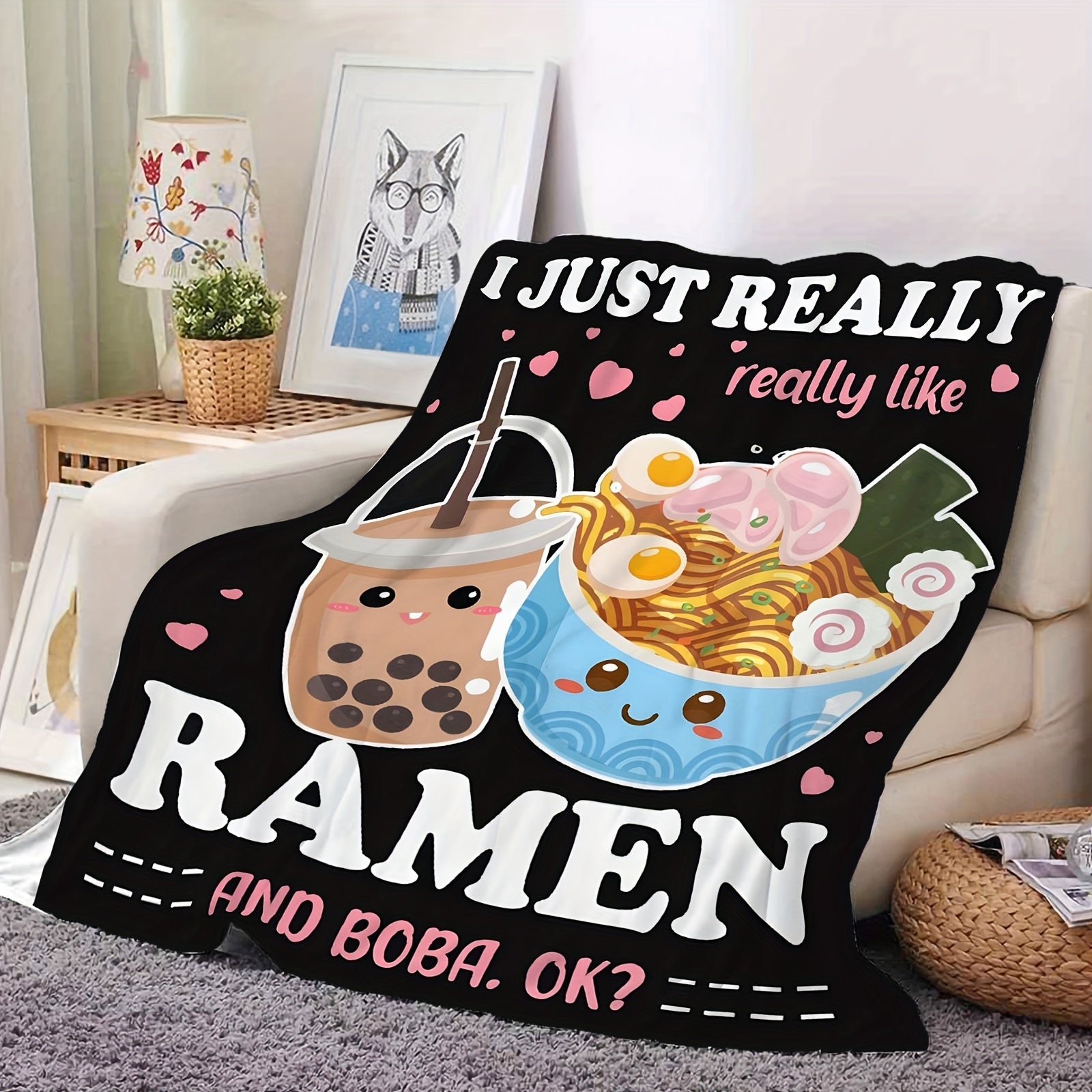 Ramen and Boba Themed Cozy Throw Blanket for Couch Bed Travel