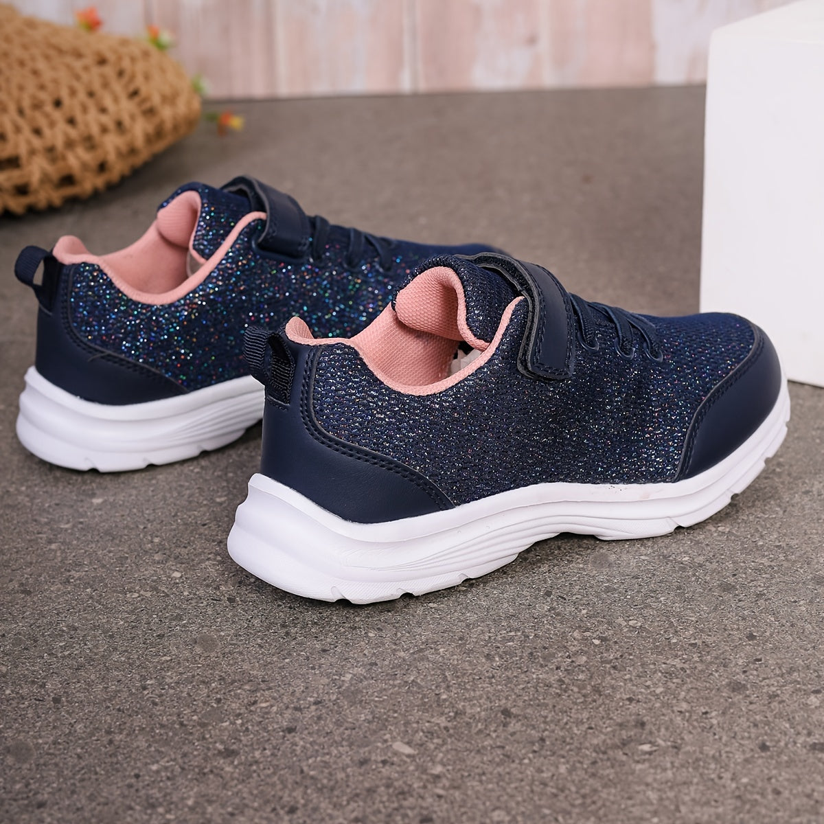 Kids' Navy Blue Pink Glitter Sneakers with Geometric Design Lightweight EVA Sole