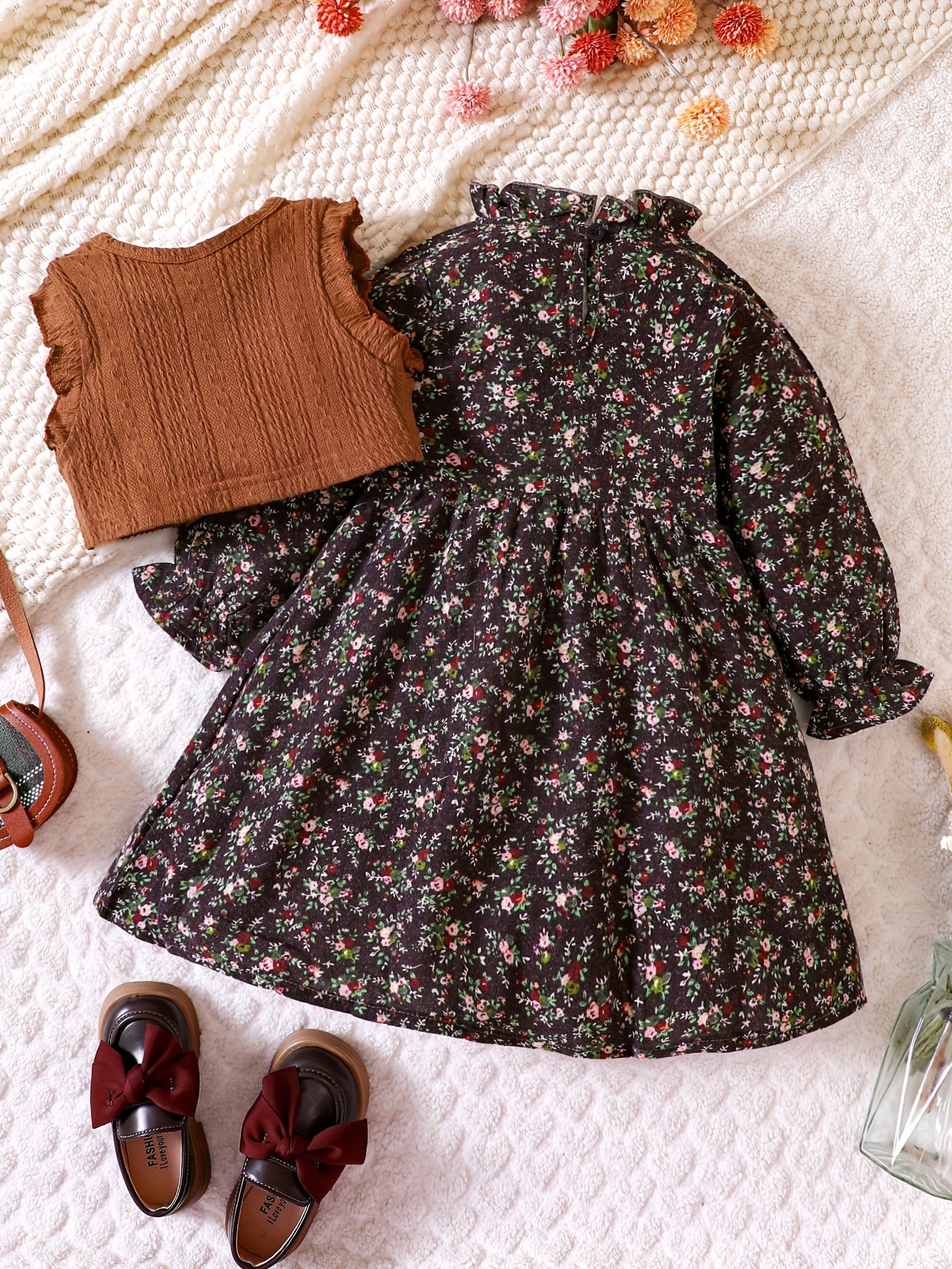 Girls Cotton Knit Vest and Floral Dress Set for Fall Winter