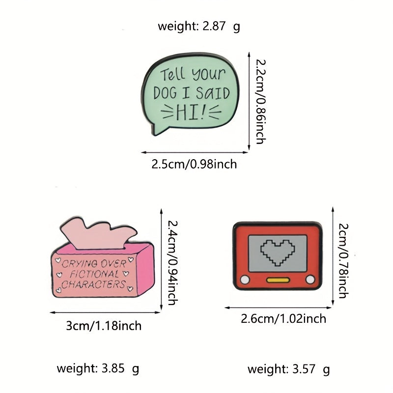 Set of 3 Cartoon Dialogue Box and Heart Brooches Alloy Pins for Clothing Backpacks Hats Gift