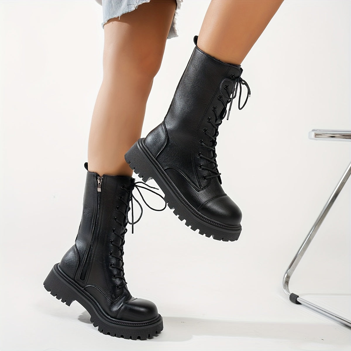 Women's Mid-Calf Thick-Sole Hiking Boots Black Winter Slip-Resistant Weatherproof