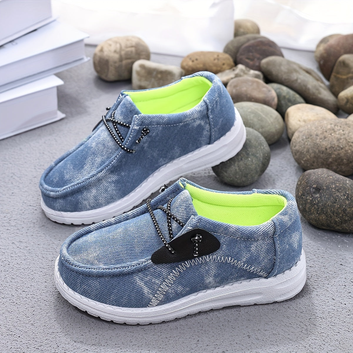 Boys Casual Sneakers with Elastic Laces Denim-Textured Canvas and EVA Sole for Spring and Fall