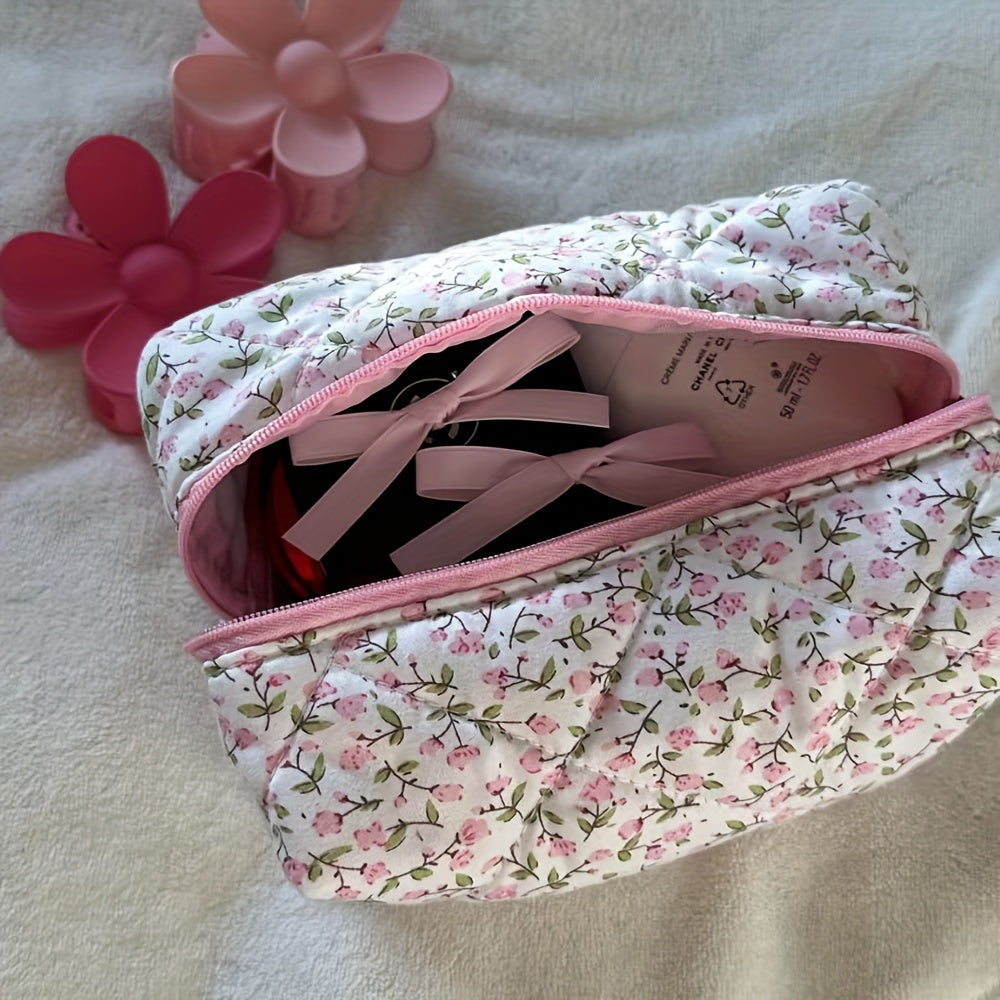 Unisex Floral Quilted Cosmetic Bag Water-Resistant Large Capacity Makeup Skincare Organizer