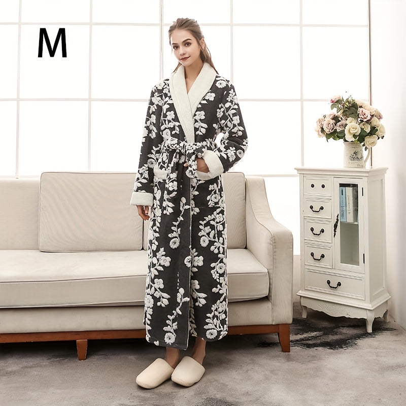 Unisex Thickened Long Bathrobe with Flower Pattern for Home and Bathroom Use