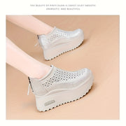Women's Breathable Cut-Out Platform Shoes with Rhinestones Beige Summer Footwear