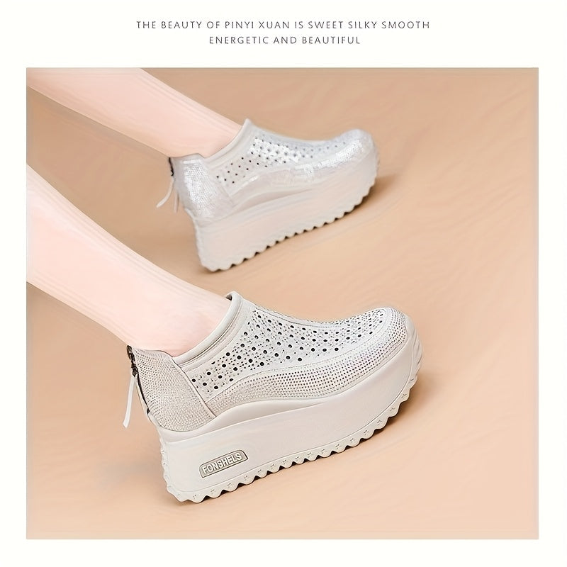 Women's Breathable Cut-Out Platform Shoes with Rhinestones Beige Summer Footwear