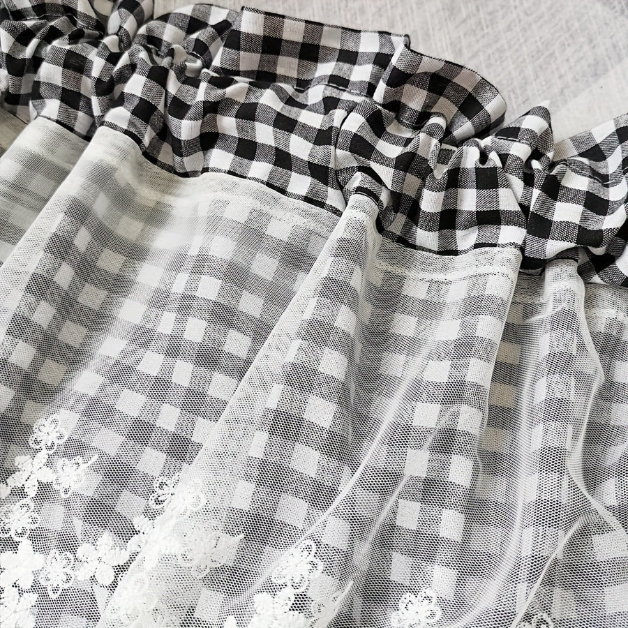 Blue Plaid Short Curtain with Lace Detailing and Rod Pocket for Living Room Kitchen Cafe