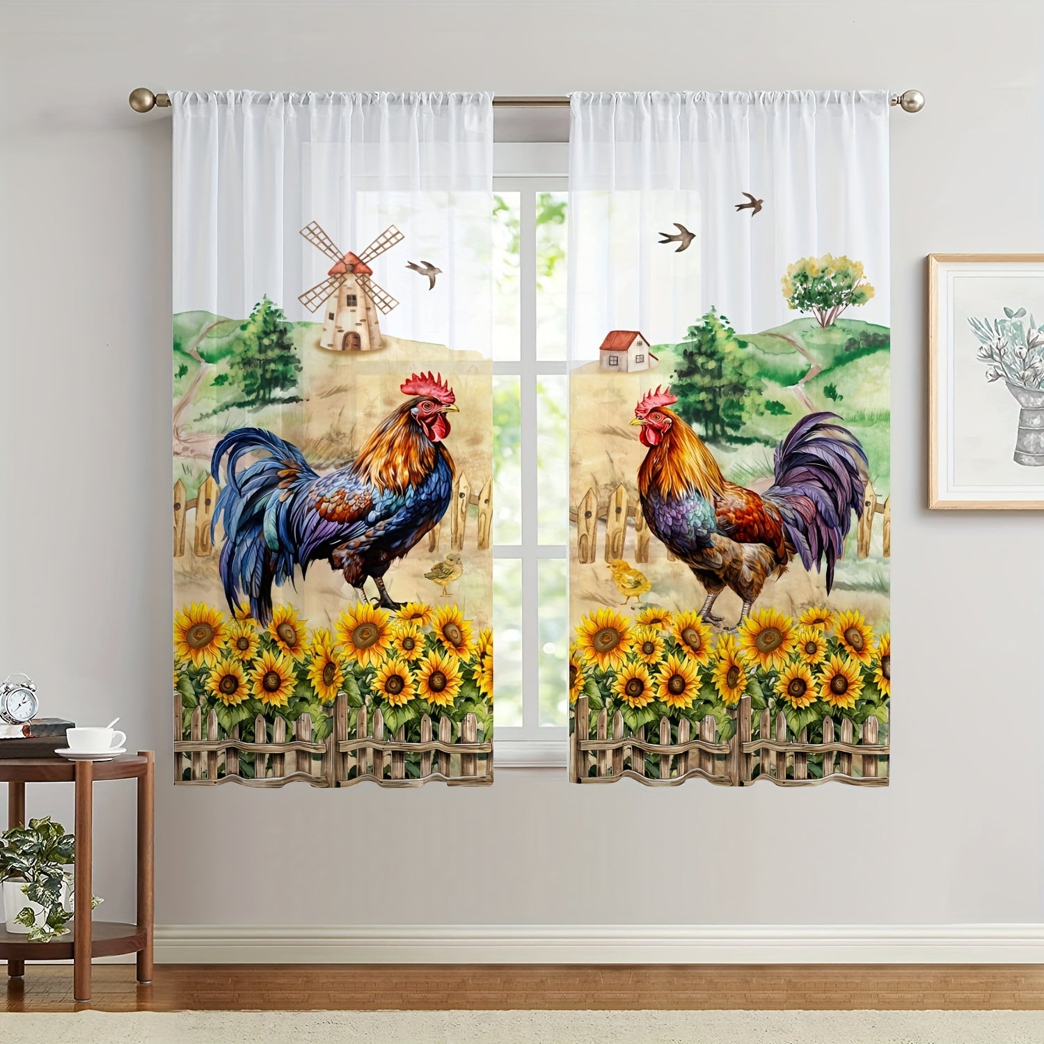 Rustic Farmhouse Sunflower Curtain Set 1 Valance 2 Tiers Rod Pocket Tulle Window Decor