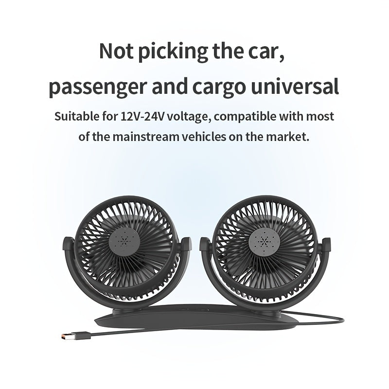 Dual-Head USB Car Fan with 3-Speed, Aromatherapy Cover, Multi-Angle Rotation