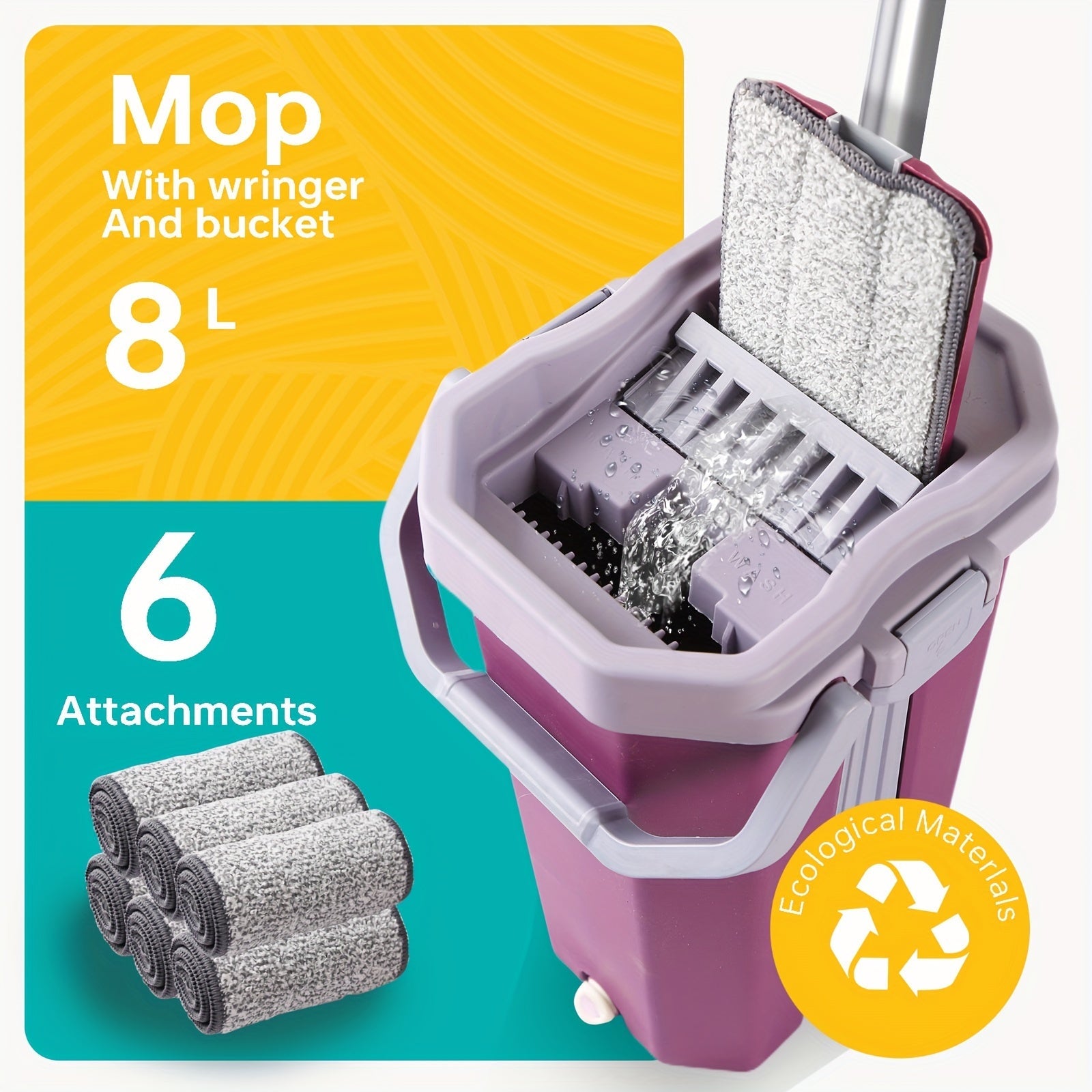 8L Manual Mop and Bucket Set with Microfiber Pads for Floor Cleaning