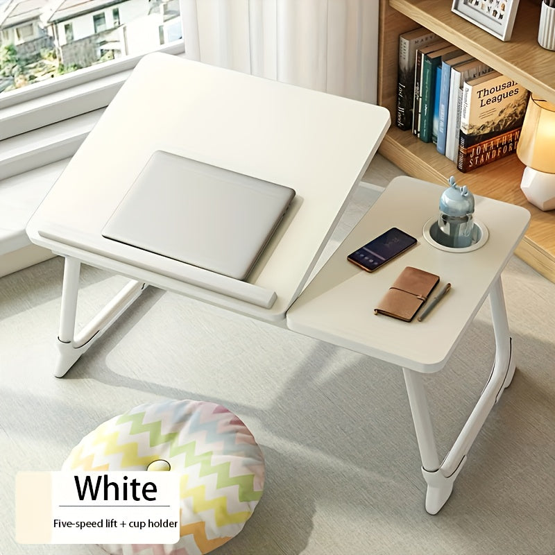 Adjustable Laptop Table with Cup Holder, Anti-Slip Strip, Foldable, White or Black