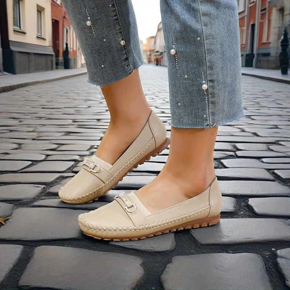 Women’s Breathable Flat Shoes - Round Toe Slip-Ons, White, All-Season