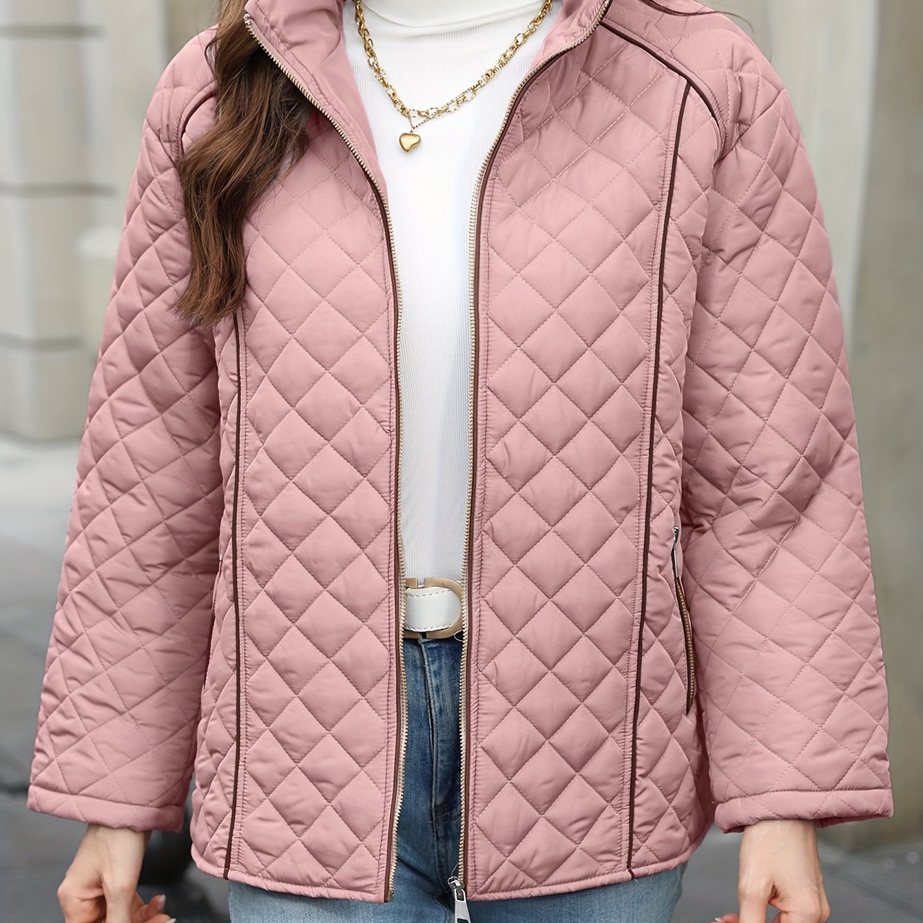 Women's Plus Size Quilted Outerwear with Stand Collar Zipper Long Sleeve Fall Winter