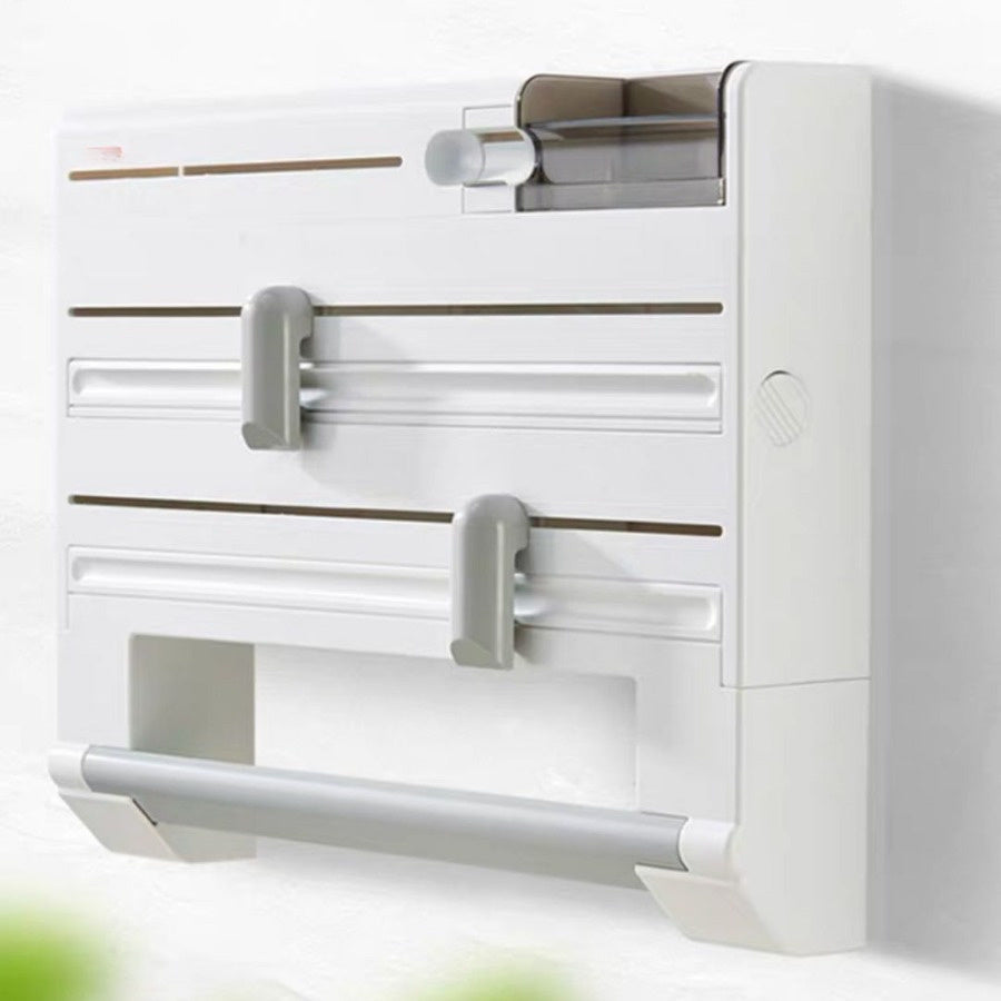 Kitchen Organizer with Plastic Wrap Dispenser and Cutter for Food Storage
