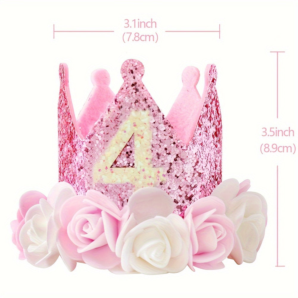Pink and White Flowered Birthday Crown Hat for Ages 1-5 with Pink Sequins
