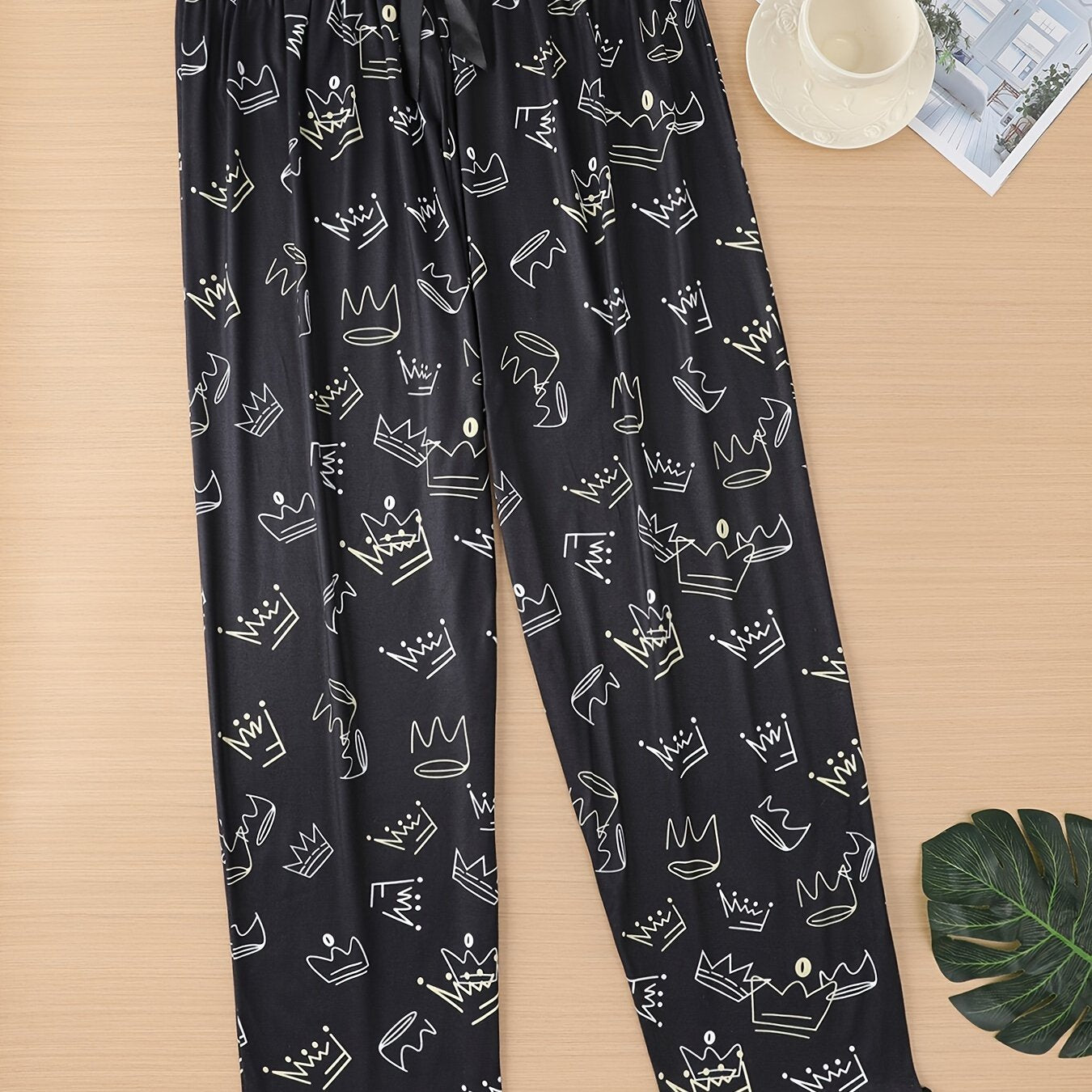 Women's Plus Size Casual Sleep Pants Allover Crown Print Bow Elastic Waist Trousers
