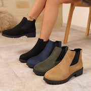 Women's Chunky Mid-Heel Ankle Boots Textured Fabric Black Navy Olive Brown