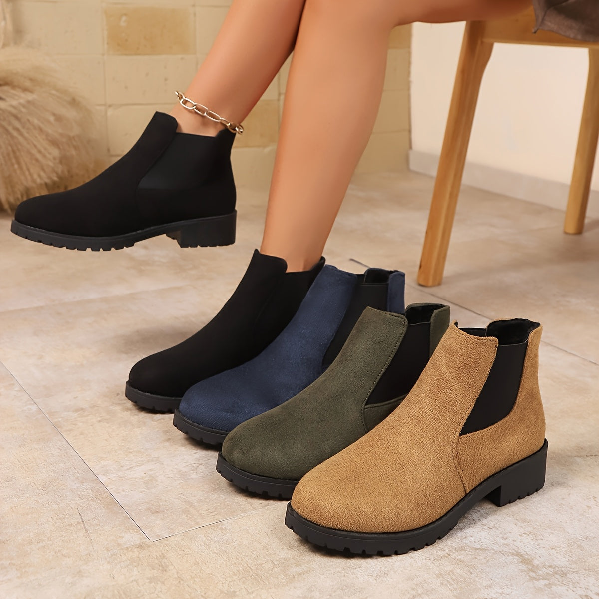 Women's Chunky Mid-Heel Ankle Boots Textured Fabric Black Navy Olive Brown