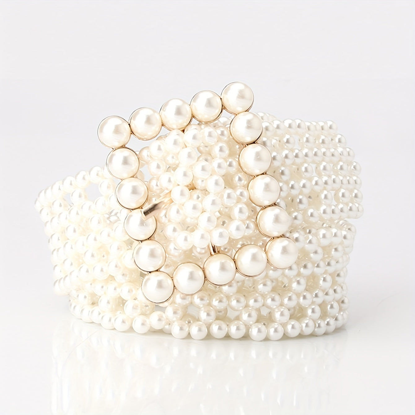White Faux Pearl Belt for Women Adjustable Waistband with Hollow Out Design Dress Body Jewelry