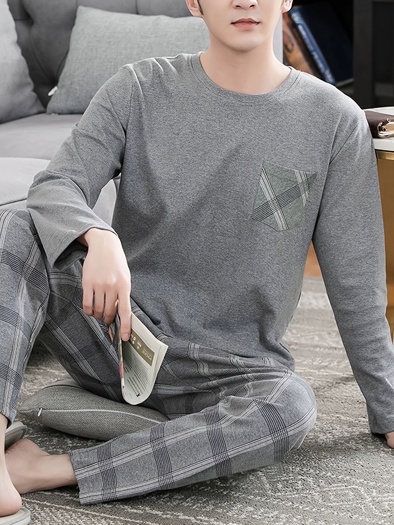 Men's Gray Long Sleeve Pajama Set with Plaid Pants Polyester Machine Washable