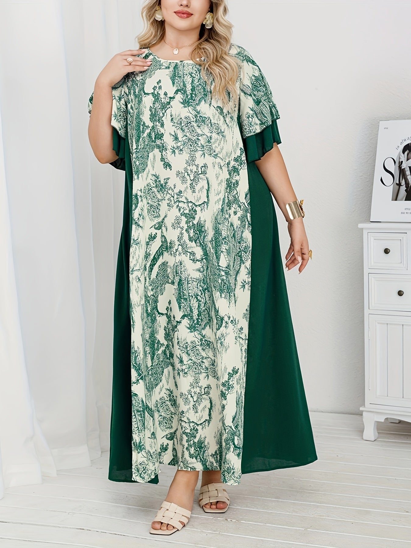 Plus Size Middle Eastern Style Loose Dress With Contrasting Patchwork Print