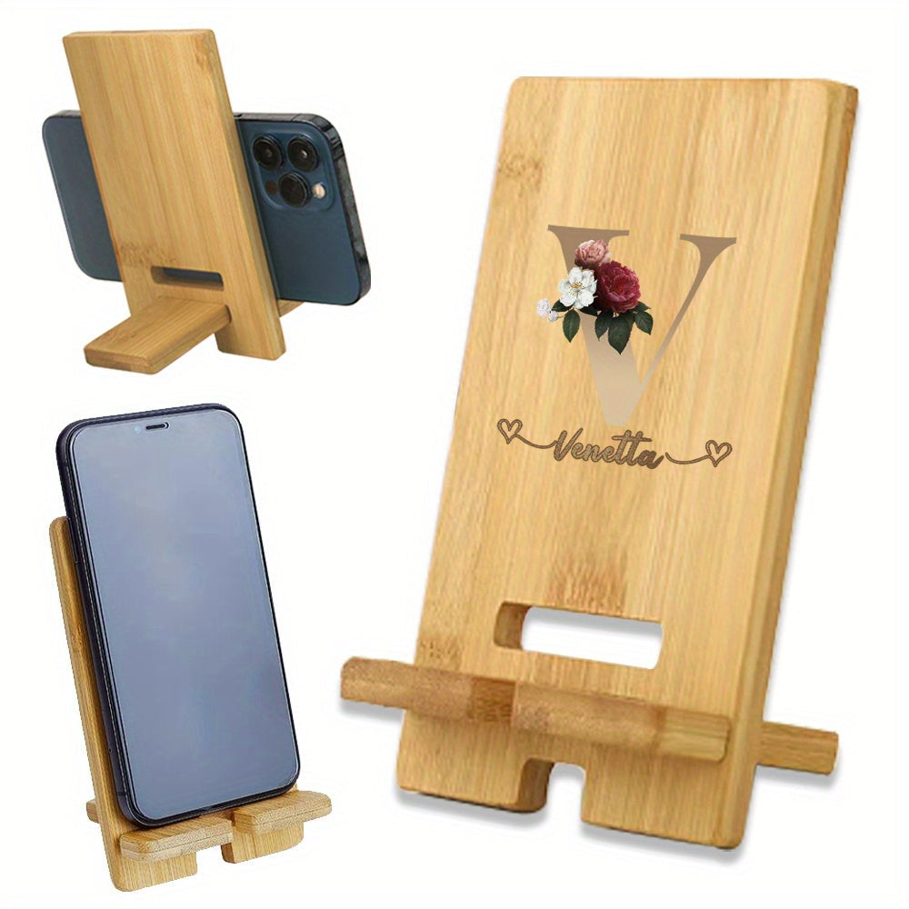 Customized Wooden Phone Stand with Detachable Desk Holder and Engraved Name in Light Brown Cork