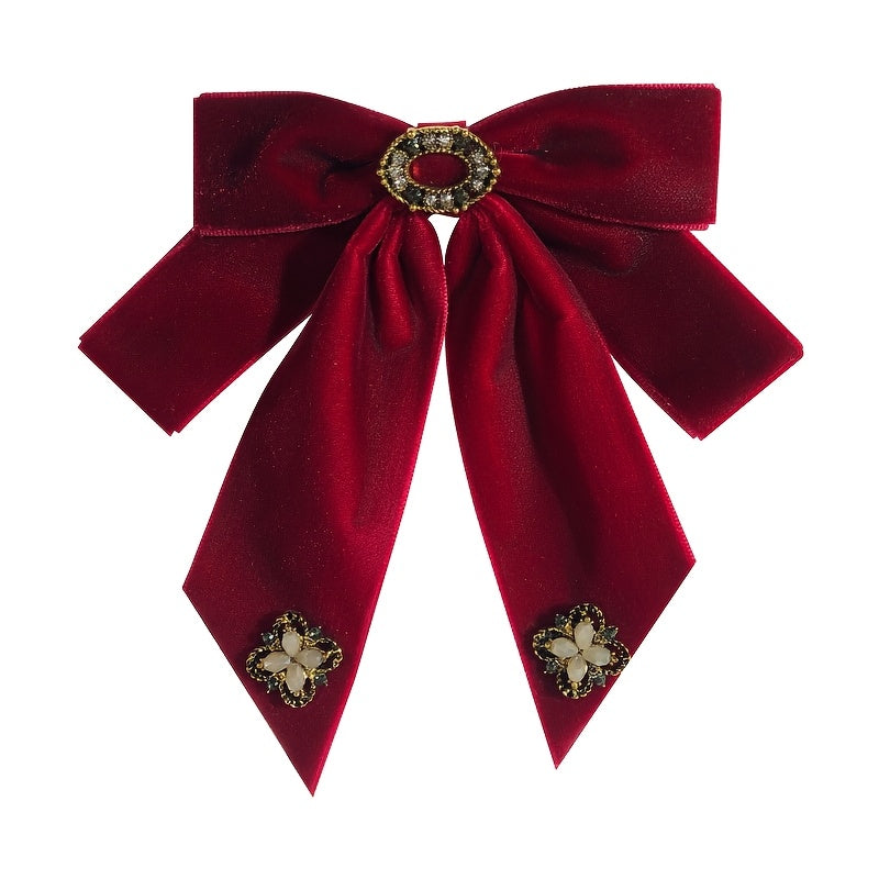 Elegant Velvet Bow Tie Brooch Pin with Rhinestone Accents - Perfect accessory for dress uniforms and formal wear