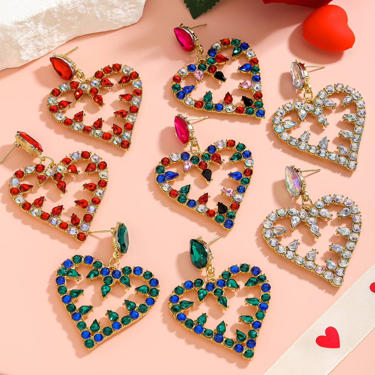 Pink and Red Heart-Shaped Rhinestone Drop Earrings for Valentine's Day Formal Occasion