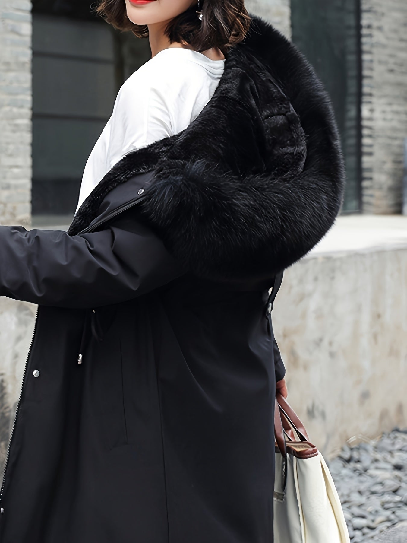 Parka beige adelgazante para mujer con capucha desmontable de pelo sintético, forro de felpa, a prueba de viento