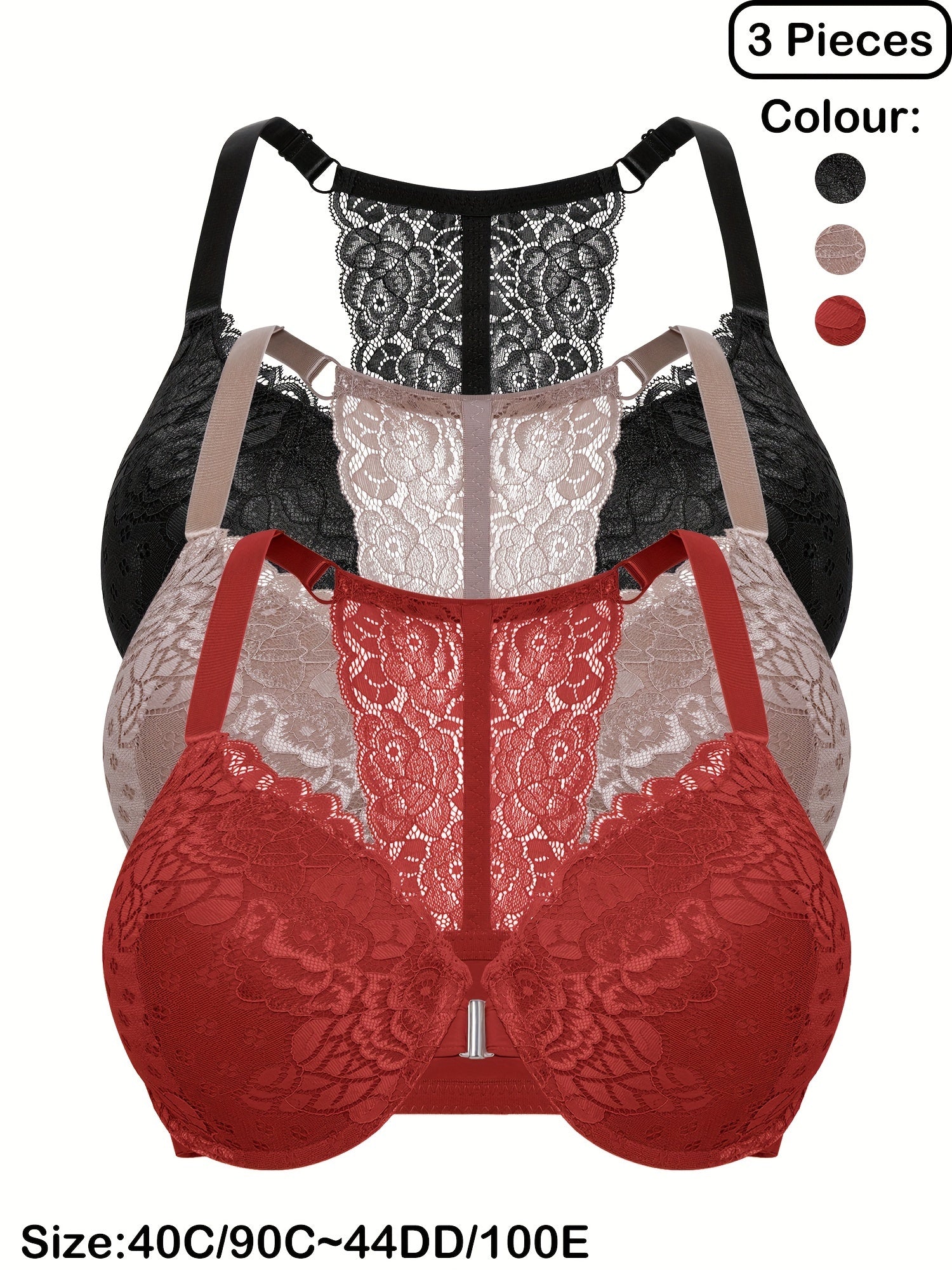 Plus Size Women's Front Closure Underwire Lace Racerback Bras Set of 3 Lightly Lined Floral Knit